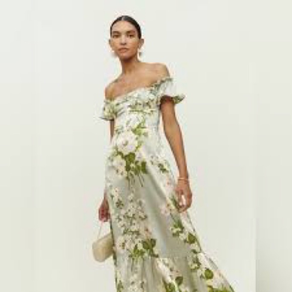 Reformation Sianna Tarragon Green Floral Off-Shoulder Maxi Dress